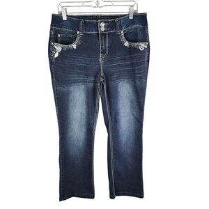 Womens Cato Denim Blue Jeans Dark Wash Hi Rise Straight Embroidered Pockets 14